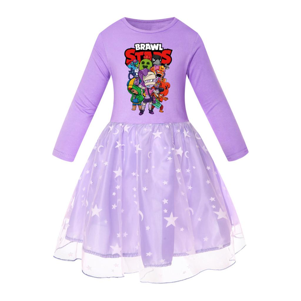 4094 Girls Brawl Stars Print Mesh Rainbow Princess Dress