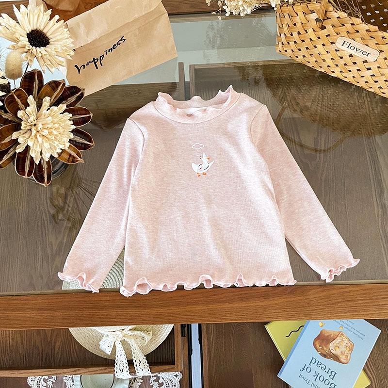 

Girls Solid Color Base Shirt Spring And Autumn Baby New Cartoon Stylish Children Half High Neck Top Long Sleeved T-shirt 80 рожевий