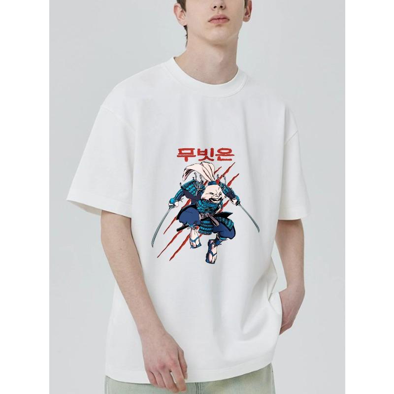 Black T Shirt With Samurai Rabbit Print And Korean Text For Casual Wear