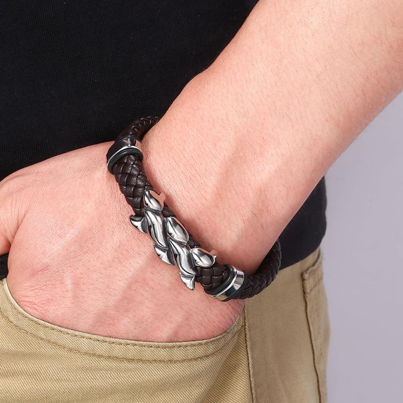 Ny Charm Mode Flätat Rock Punk Svart Rep Äkta Läder Armband Herraccessoarer Par Smycken