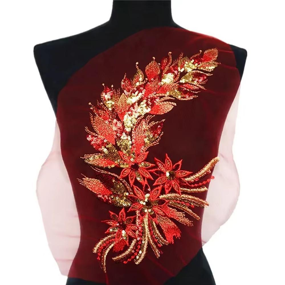 

Blue Black Gold Sequined Embroidery Patches Lace Fabrics Applique Wedding Gown Decoration DIY червоний
