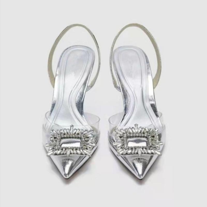 Fashion Brand Designer Silver High Heels Sandals Women 2025 Summer Crystal Square Buckle Sandals Woman Pointed Toe Slingbacks Party Shoe