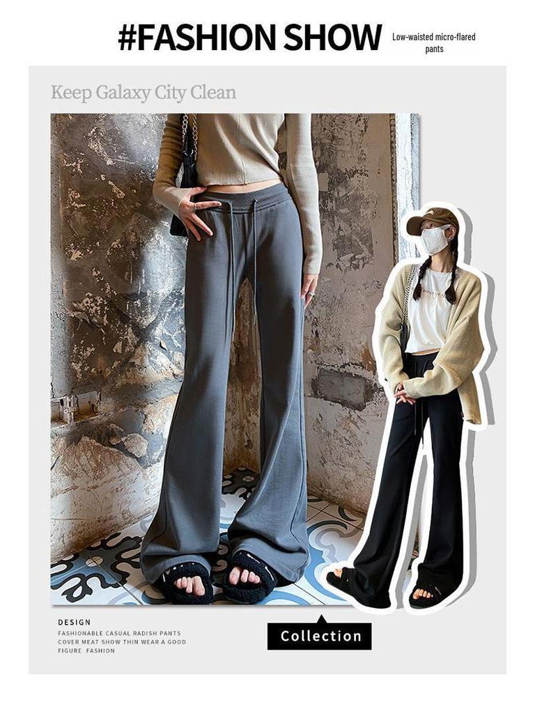 Women's Gray Low-Waist Flare Pants - 2025 Spring Drawstring Casual Slimming Straight Leg Trousers
