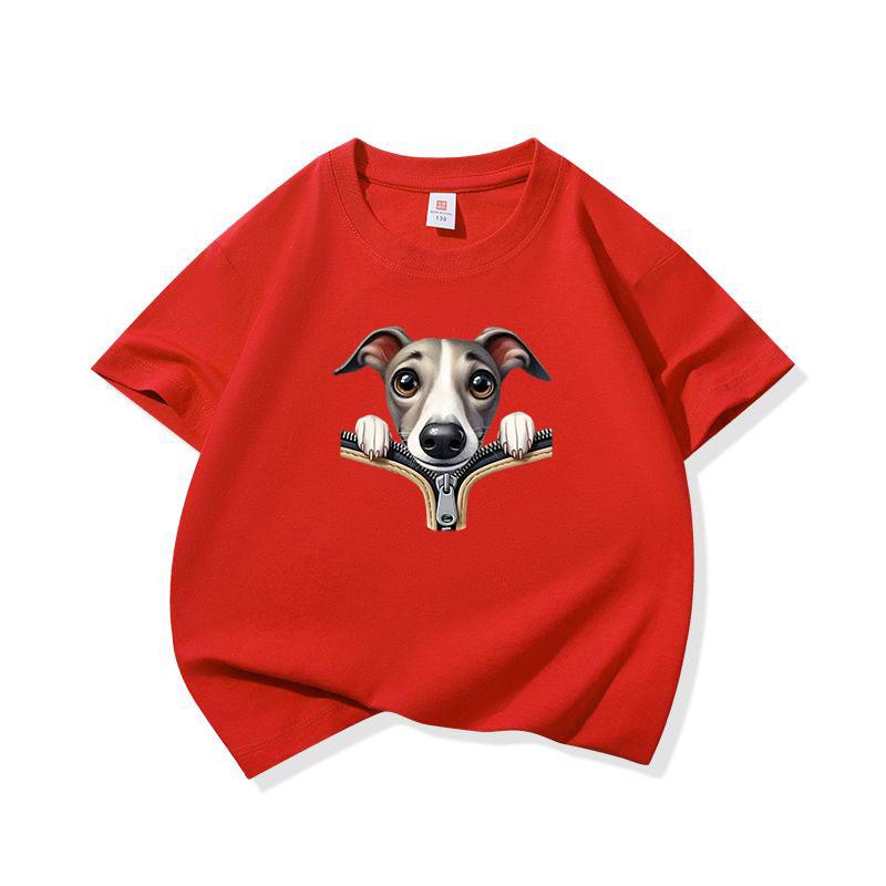 Kids Cotton T Shirt Adorable Whippet Dog Zipper Print Crew Neck Short Sleeve Tee Casual Breathable Boys Girls Summer Tops