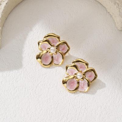 Stainless Steel Five-Petal Flower Pearl Enamel Stud Earrings for Women