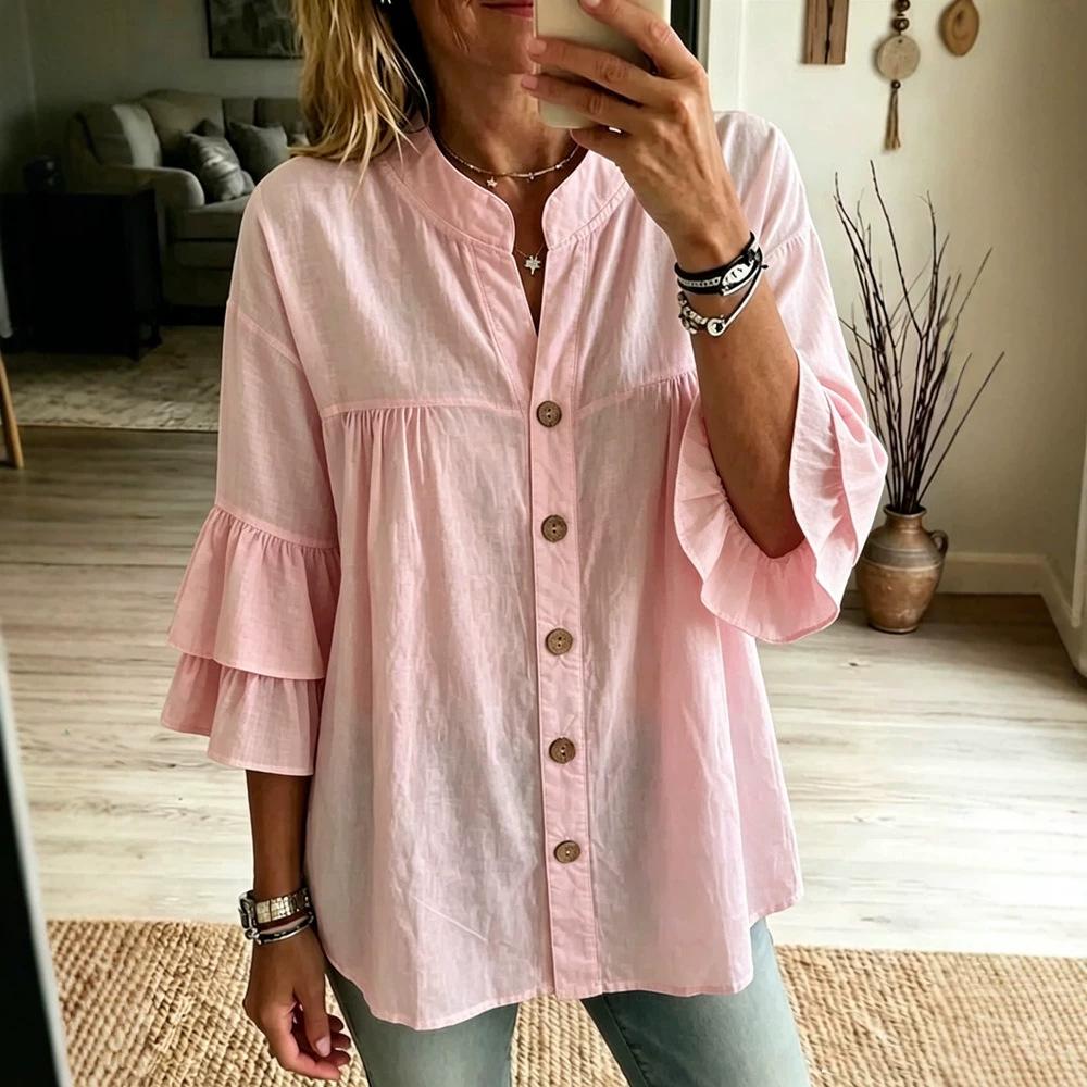 TIFICY Camicette e camicie con scollo a O, maniche a 3/4, stampa tinta unita, moda casual, primavera estate