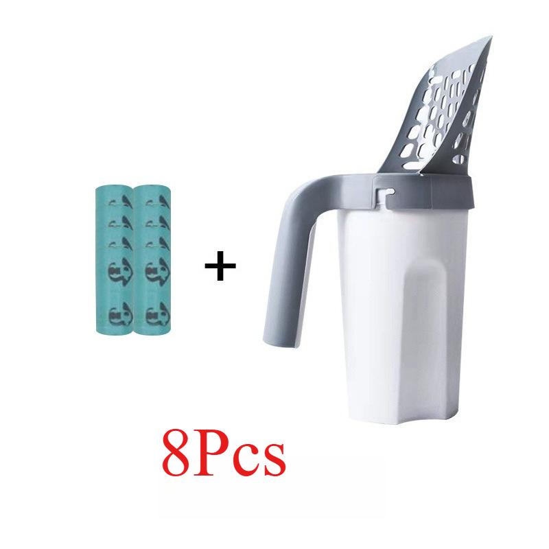 

1 шт. светло-серый с 8 рулонами мусорных пакетов самоочищающийся совок для кошачьего туалета для фильтрации кошачьих фекалий, уборщик туалетного наполнителя