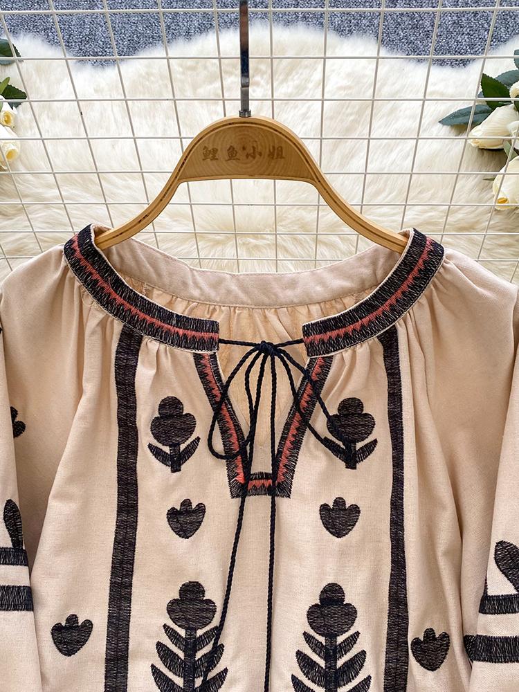 Primavera Otoño Nuevo Vintage Camisa Manga Farol Mujer Bordado Cuello Redondo Tirante Suelto Casual Blusa Top