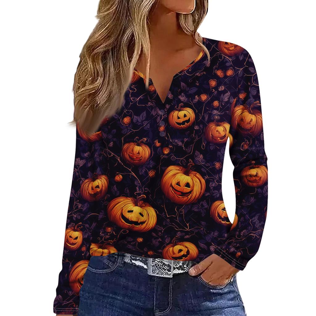 Haut T-shirt Décontracté Mode Femme Imprimé Halloween Col en V Bouton Bordure Manches Longues