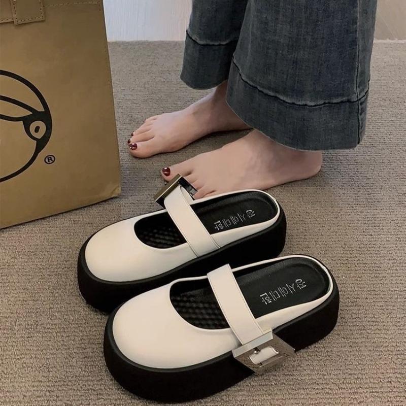 Design sense bag head heightened thick bottom half slippers women's summer wear new niche belt buckle breathable sandals