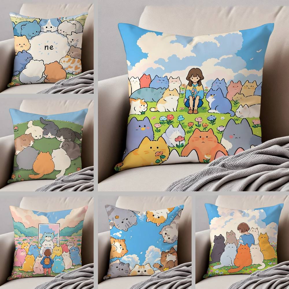 Cartoon Cute Cat Picture With Fresh Pillow Case Anti-dustmite Pillowcase Invisible Zipper Silky Short Plush Sofa Cushion Cover