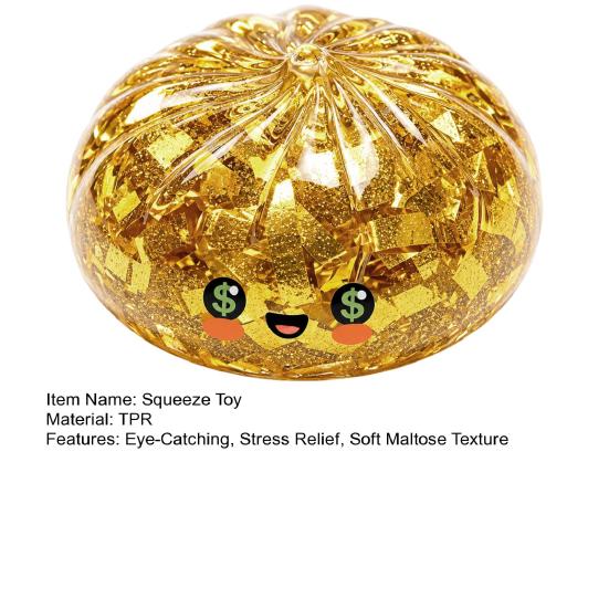 Wealth Attraction Decor Gold Foil Steamed Bun Squeeze Stress Ball Cute Food Shape Fidget Elastic Ball Toy for Anxiety Relief Soft Maltose Reliever,