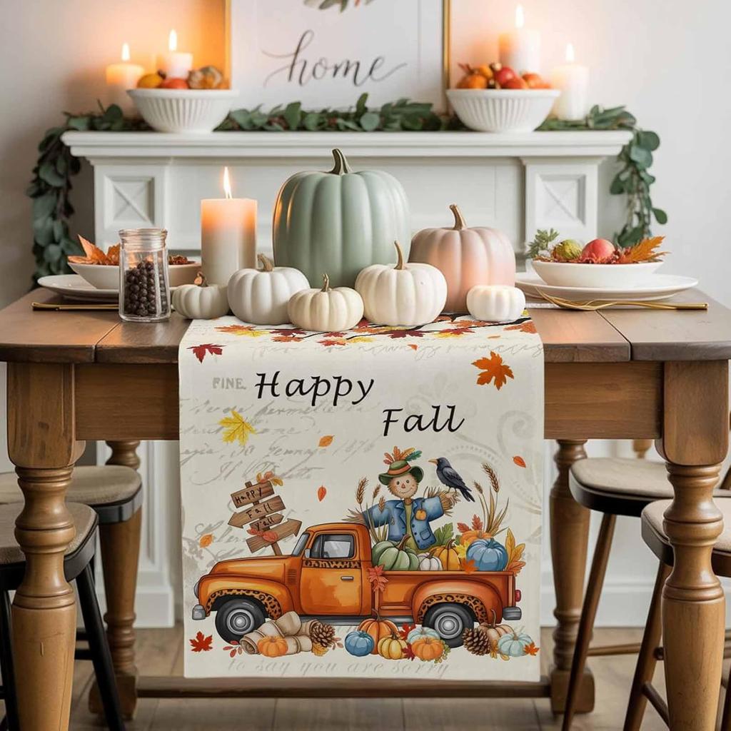 Fall Pumpkin Maple Leaf Truck Linen Table Runner Holiday Party Decor Reusable Kitchen Dining Table Runner Autumn Decorations