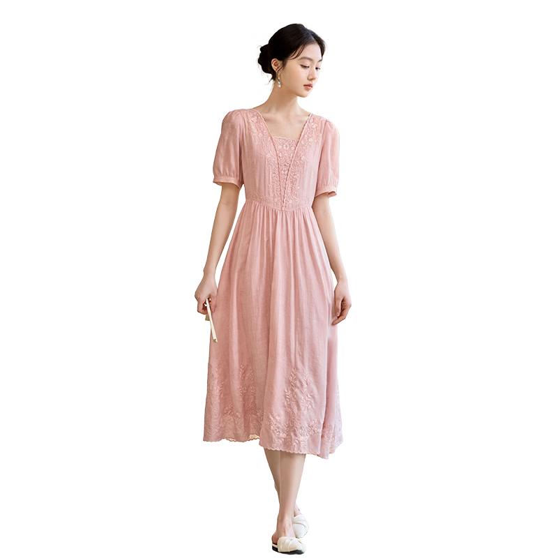 Xiangying Women s New Chinese Style Heavy Embroidered Square Neck Puff Sleeve Dress S