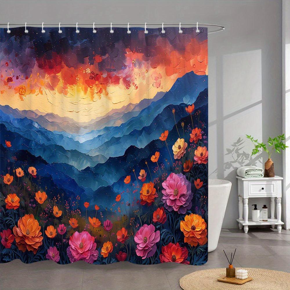 1Pc Sunset Poppy Field Bath Curtain - Vibrant Orange Pink Purple Sky Over Rolling Hills With Blooming Red-Orange Flowers, W60H190(CM)-1 Pcs