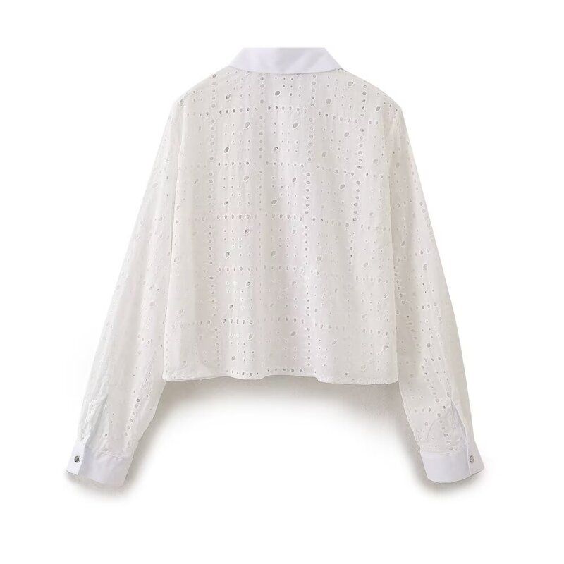 Fashion Summer New Product Women's Clothes Long Sleeves Lapel Loose Casual White Tops Cut Out Embroider Shirt 2859699