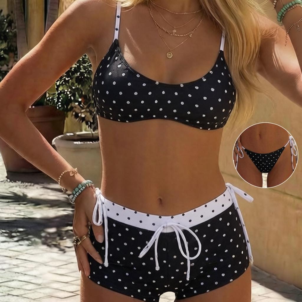 Set Bikini Două Piese cu Imprimeu Buline și Pantaloncini Set Trei Piese Elegant Modest