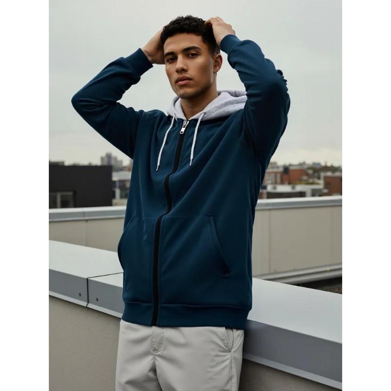 Spring Autumn New Men's Korean Color Block Hoodie Crew Neck Zip Up Lightweight Cardigan Casual Versatile Youth Jacket