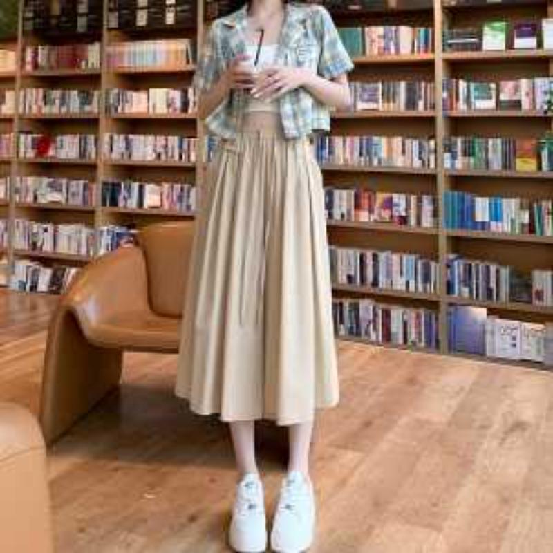 Ice Silk Skirt Pants for Women's Summer New High Waisted Slim Effect Loose Casual Wide Leg Classic Cropped Pants