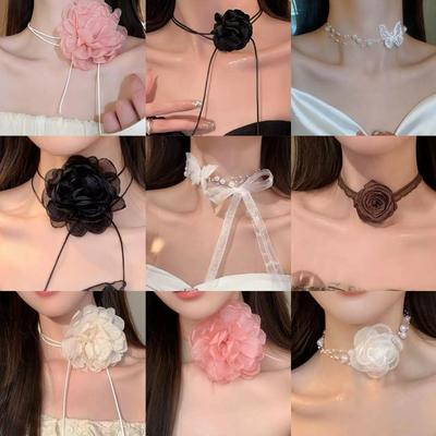 Halskette aus Stoffnetz mit Blumenband, Herzkette für Mädchen, modisches, süßes und hochwertiges Accessoire