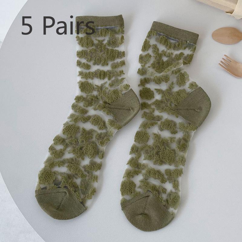 

5 пар женских весенних и летних носков-труб из стеклянного шелка с цветочным узором 5 Pairs армия зеленый