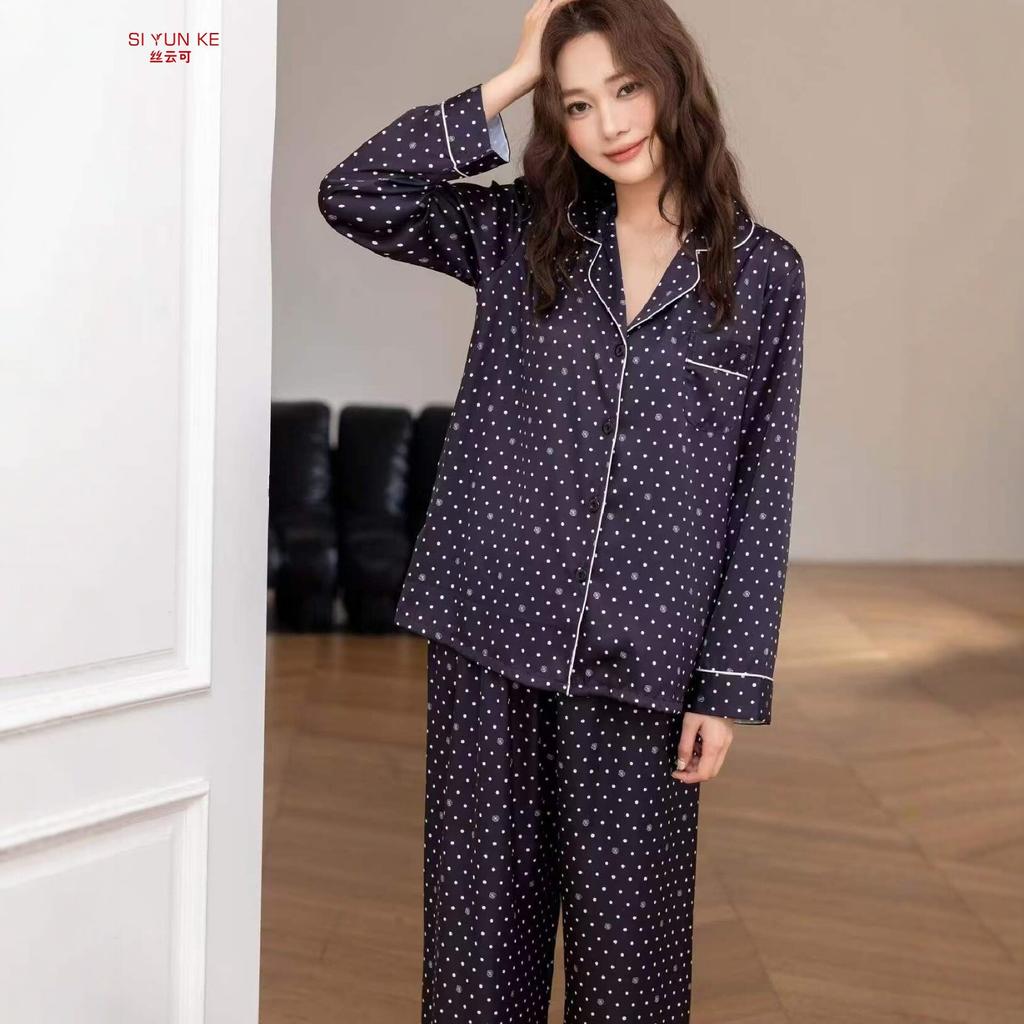 Spring and Autumn long-sleeved new polka dot pajamas women's cardigan can be worn outside, comfortable and breathable, fashionable and simple