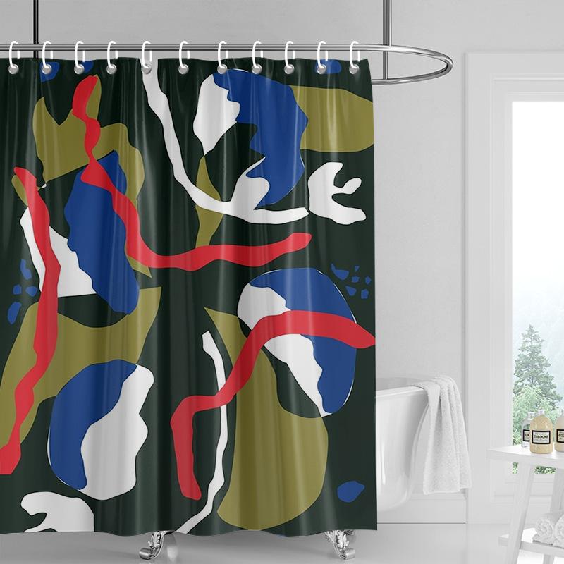 Abstract Handprint Shower Curtain - White with Colorful Geometric Shapes, Waterproof with Grommets, Modern Bathroom Decor