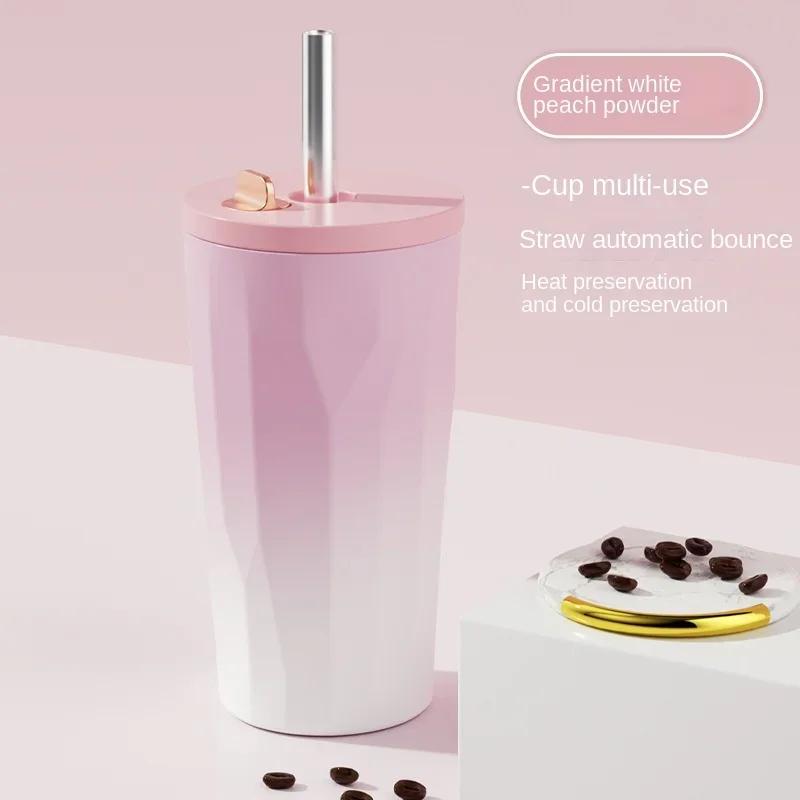 New 600ml Fashion Gradient Coffee Cup Portable Stainless Steel Water Cup with Straw Heat and Cold Insulation Coffee Gift Cup LIY