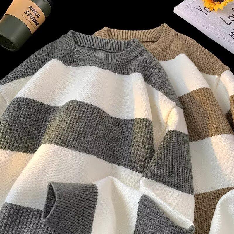 2025 Casual Color Block Striped Knit Sweater - Autumn Winter Unisex Round Neck Warm Top