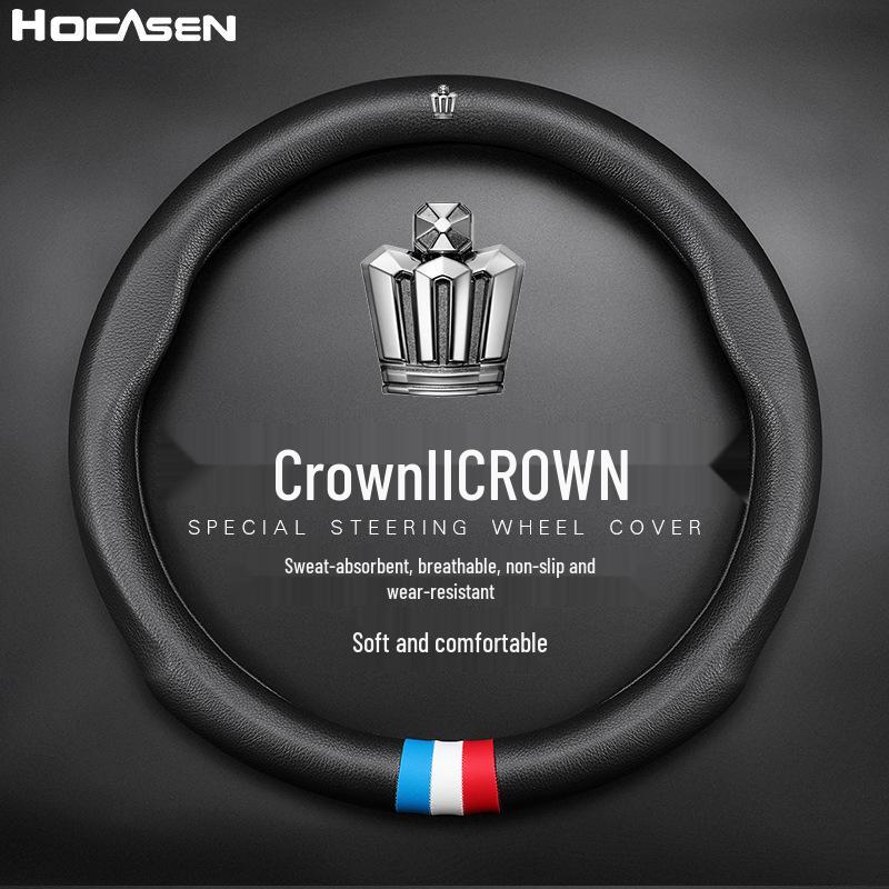 Universal Crown Genuine Leather Steering Wheel Cover - Four Seasons, Breathable, Non-Slip, Perforated Cowhide