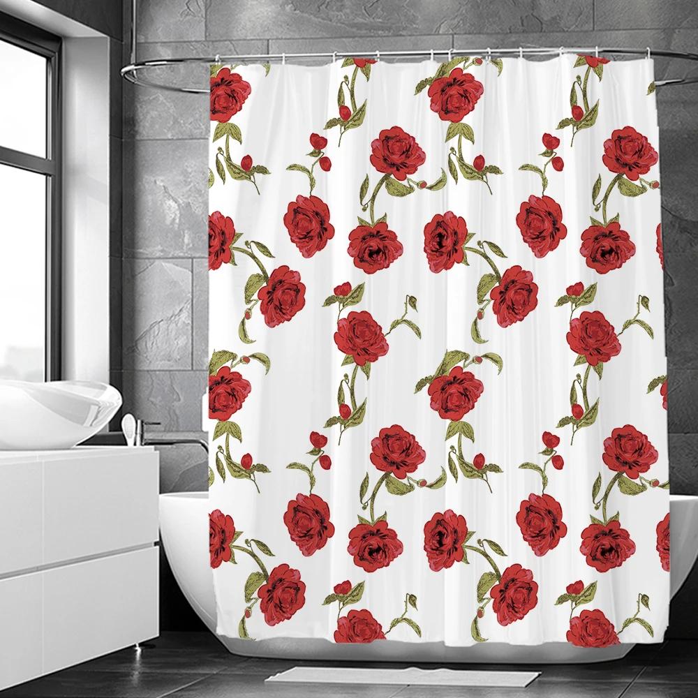 Elegant Floral Flowers Retro Rose Shower Curtain Polyester Bath Curtain Bathroom Decor Washable With Hook