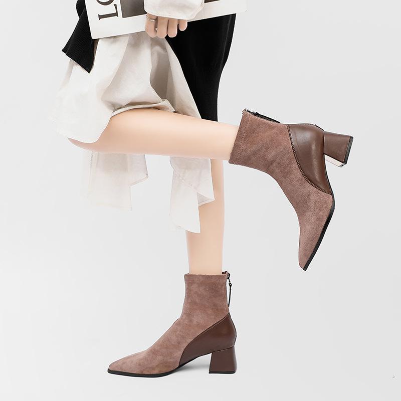 Fashion color matching medium tube thin boots pointed high heel short boots 2024 new thick heel boots women's Korean version single boots
