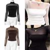 Womens Long Sleeve Basic T Shirt With Sheer Panel And High Neck For Casual Wear