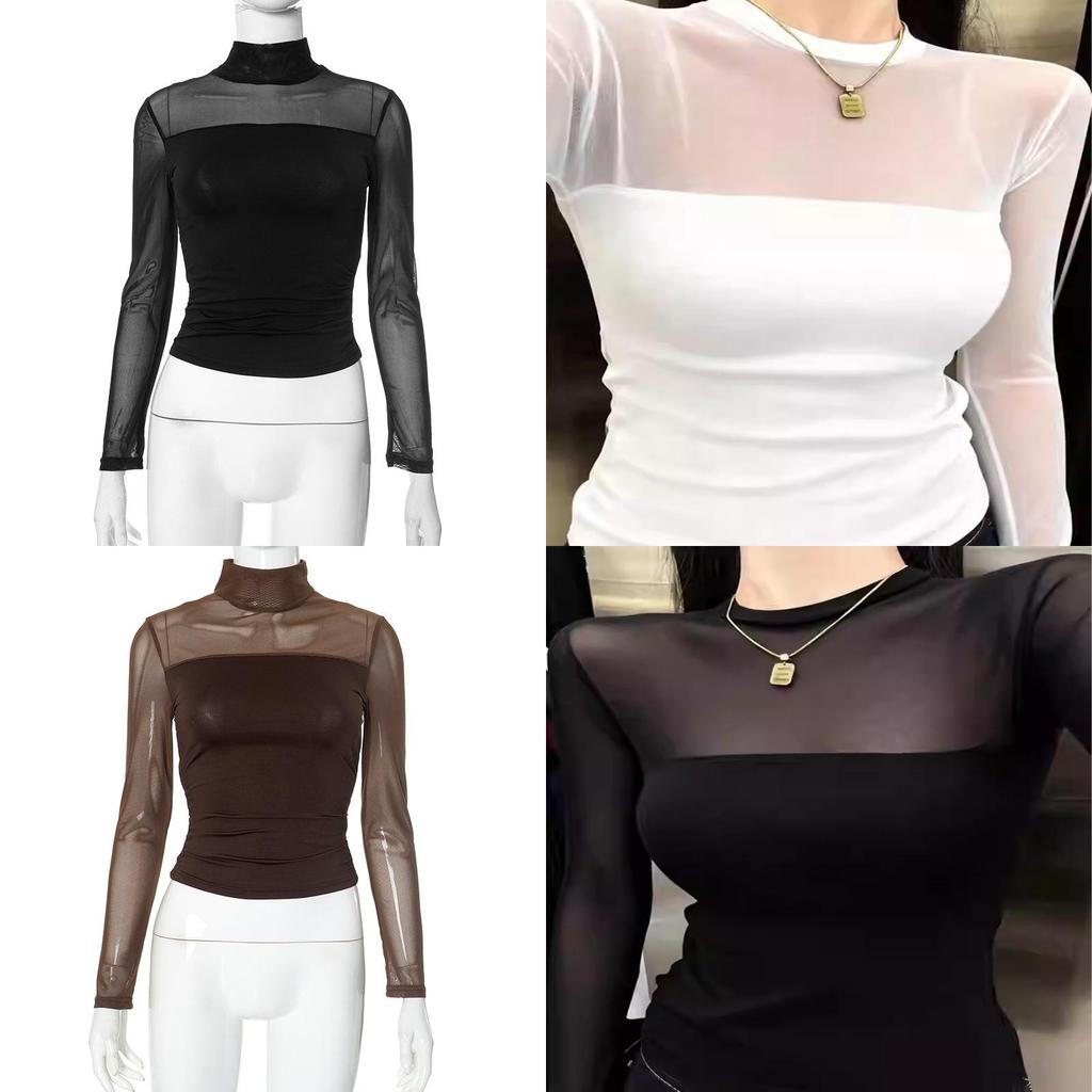 Womens Long Sleeve Basic T Shirt With Sheer Panel And High Neck For Casual Wear