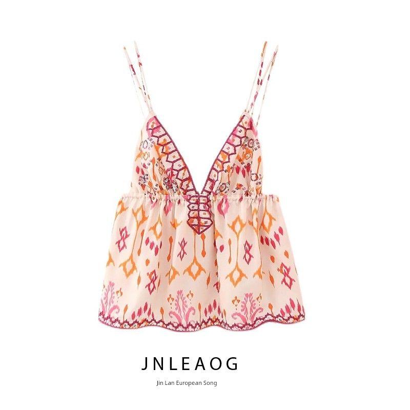 Jnleaog New Arrival Women's Clothing Sequin Embroidery Accessories Tops Retro Casual Vacation Sexy Backless Underwaist Sling