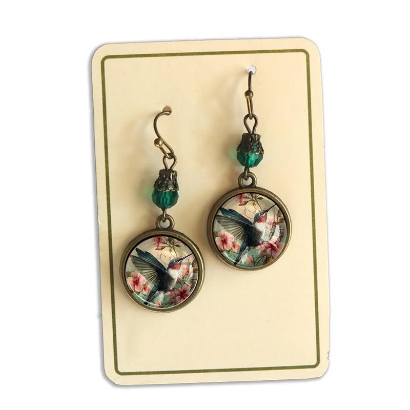Grüne Perlenblume Kolibri Hängeohrringe Retro Antik Bronze Vogel Glasohrringe Damenschmuck Geschenk
