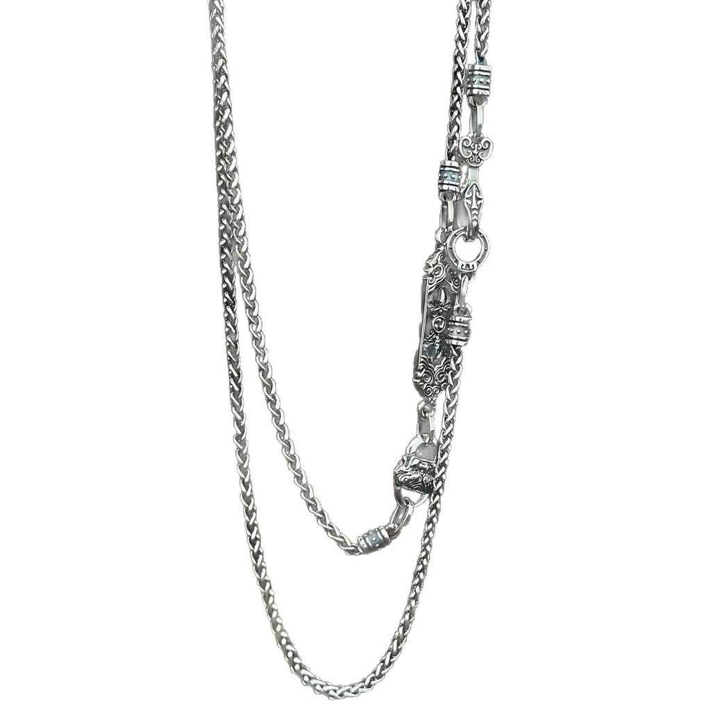 Sterling Silver Tibetan Vajra Pendant Chopin Necklace with Ruyi Knot and Devouring Beast Design - Versatile Ethnic Style Sweater Chain.
