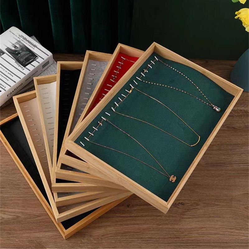 Velvet Bamboo Jewelry Display Tray Ring Earring Necklace Bracelet Pendant Organizer Jewelry Storage Tray For Drawer
