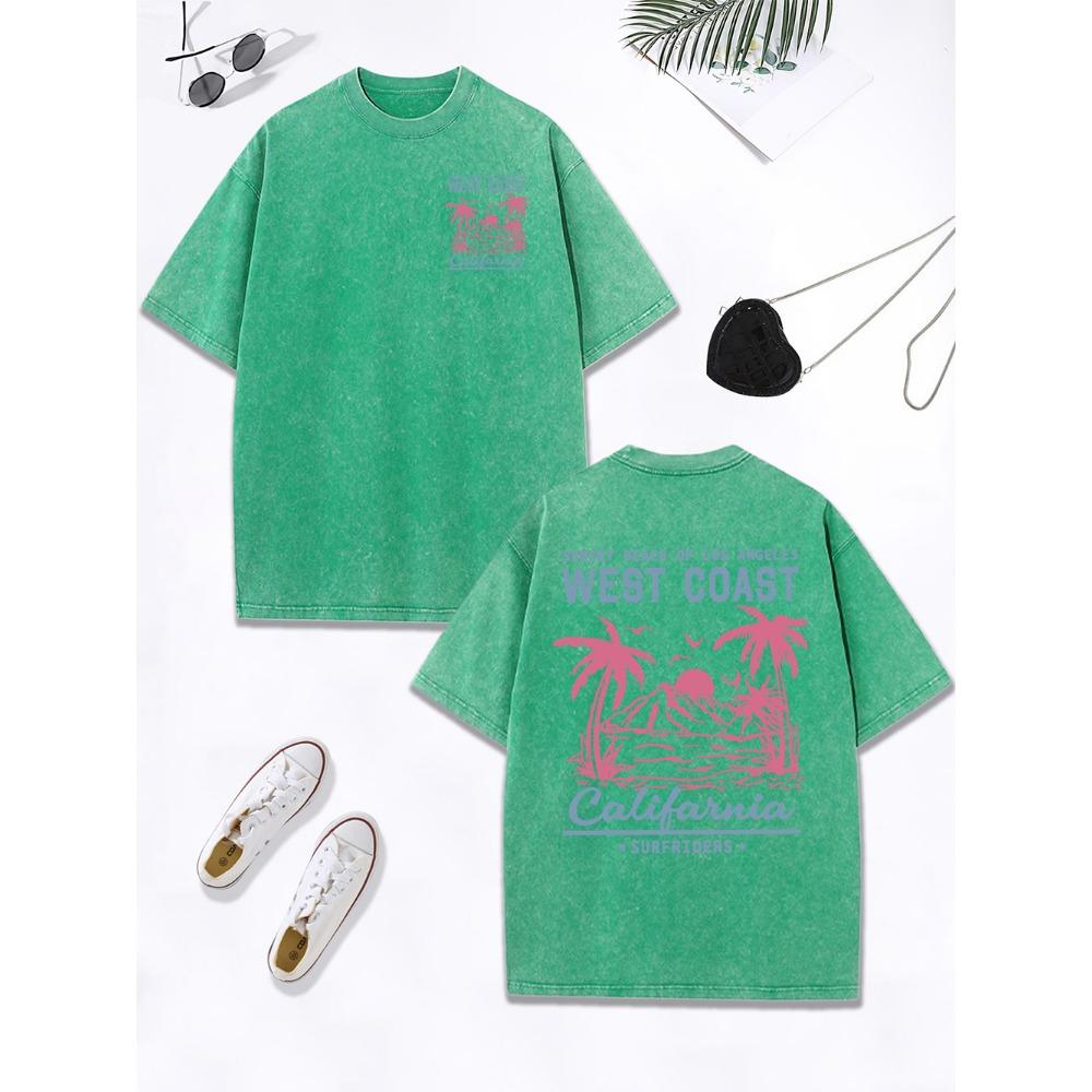 California West Coast Beach Printing Washed T-Shirts Women Cotton Oversize T Shirt O-Neck Comfortable Tops Womans Clothes