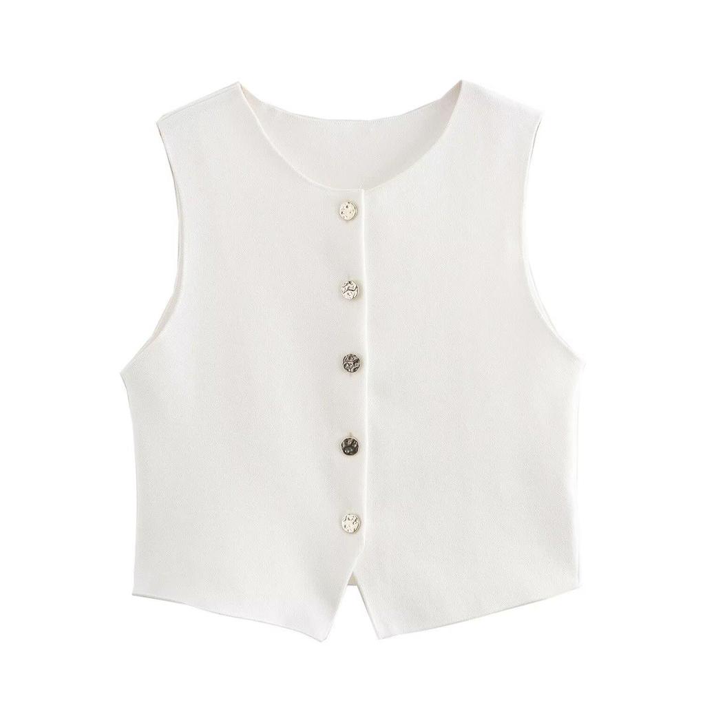 2024 Autumn Women's European & American Style Knit Vest and Midi Skirt Set with Button Embellishments