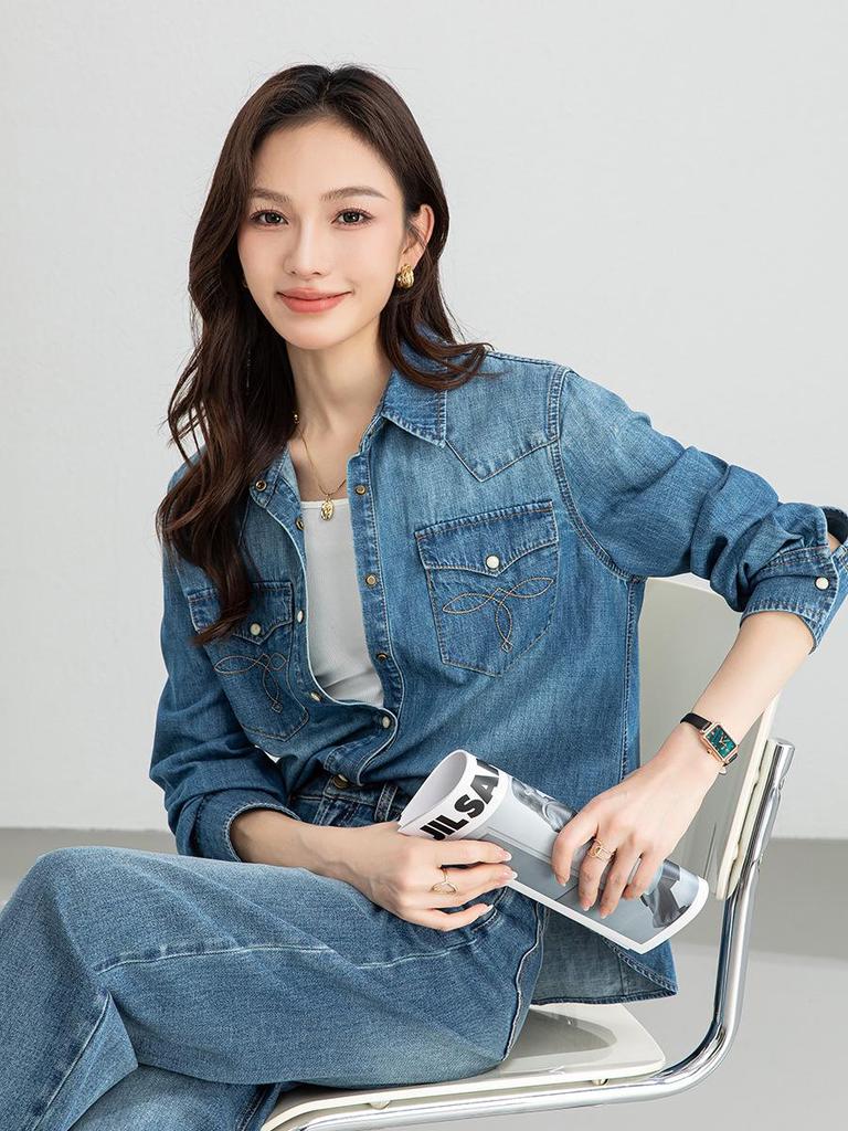 Yi Fei Women's Loose Casual Denim Shirt, Slimming Versatile Long Sleeve Retro Jacket - 2026 Spring Collection