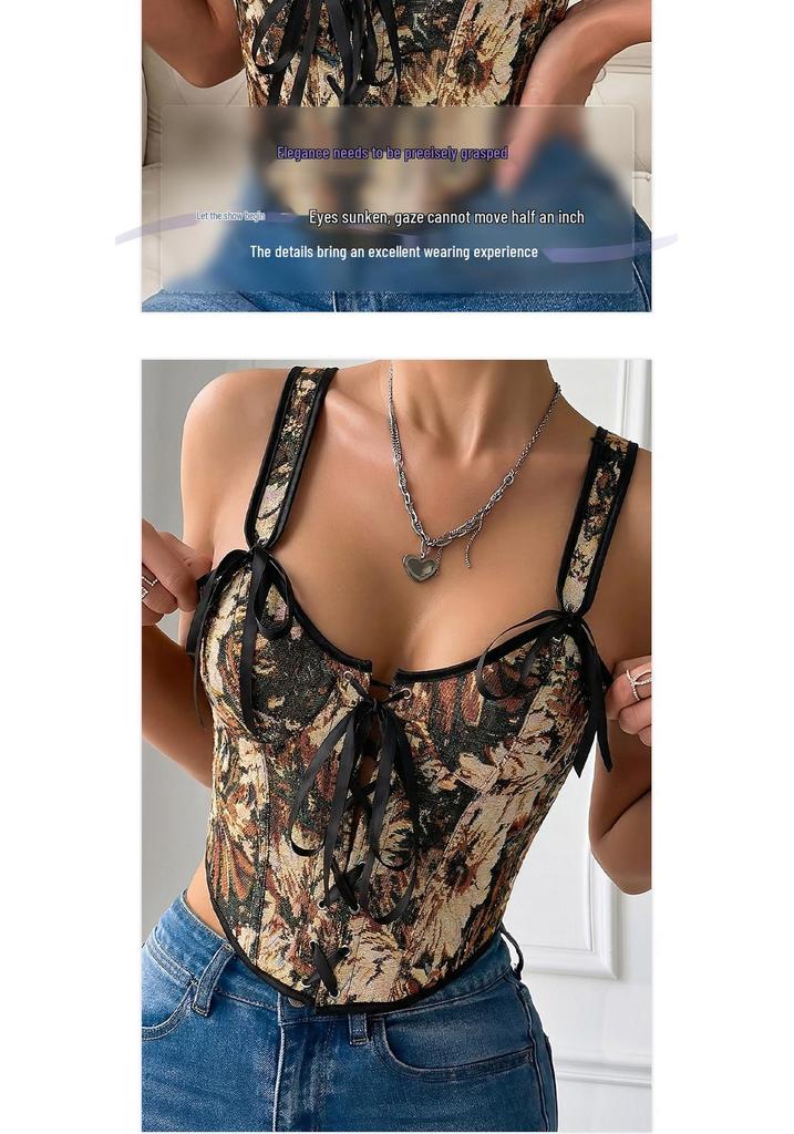 French Jacquard Oil Painting Waist Cincher with Bow Tie and Lace - Vintage Court Style