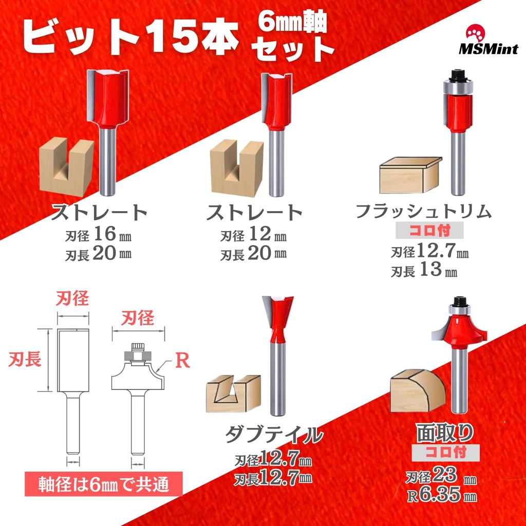 MSMint Routerbit, Trimmerbit, 0,2 tum (6 mm) Skaft, Sats, Rak, Pärlstickning, Fas, Rund