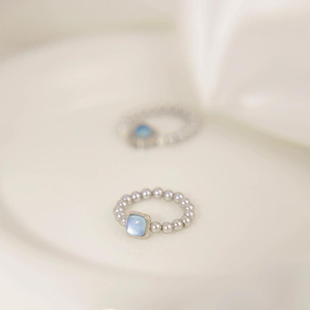 S925 Sterling Silver Aquamarine Pearl Square Ring for Women - Fashionable, Simple, Durable Index Finger Accessory