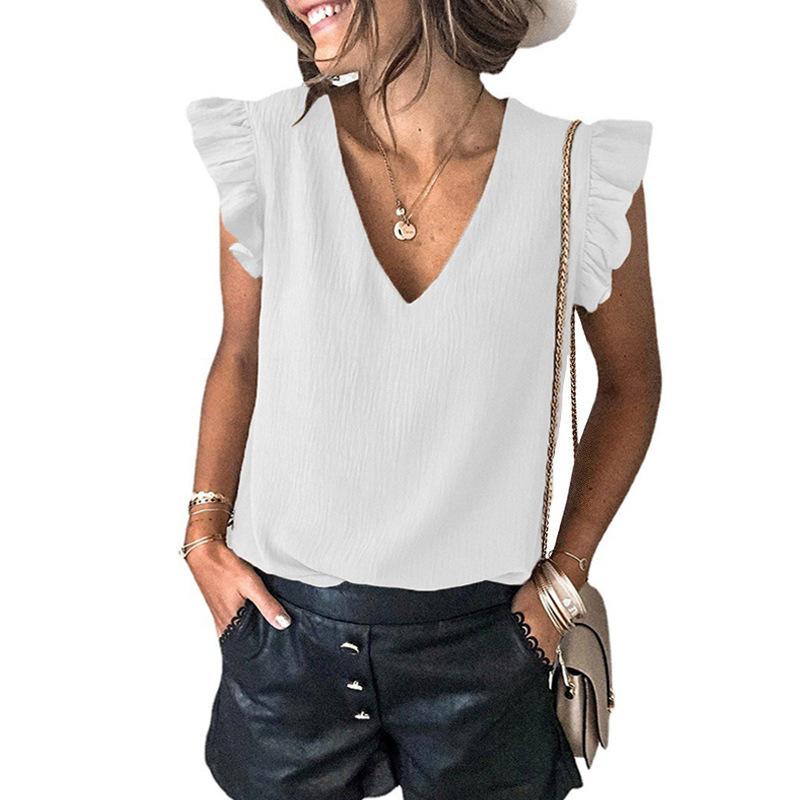 Women European Casual Solid V Neck Sleeveless Ruffle Pullover T Shirt Top