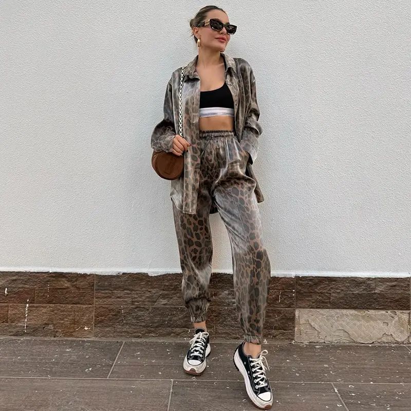 

European and American Women clothes New Casual Leopard Print Print Shirts High Waist Ankle-tied Cropped Pants Set Women Suit Leopard print 2XL