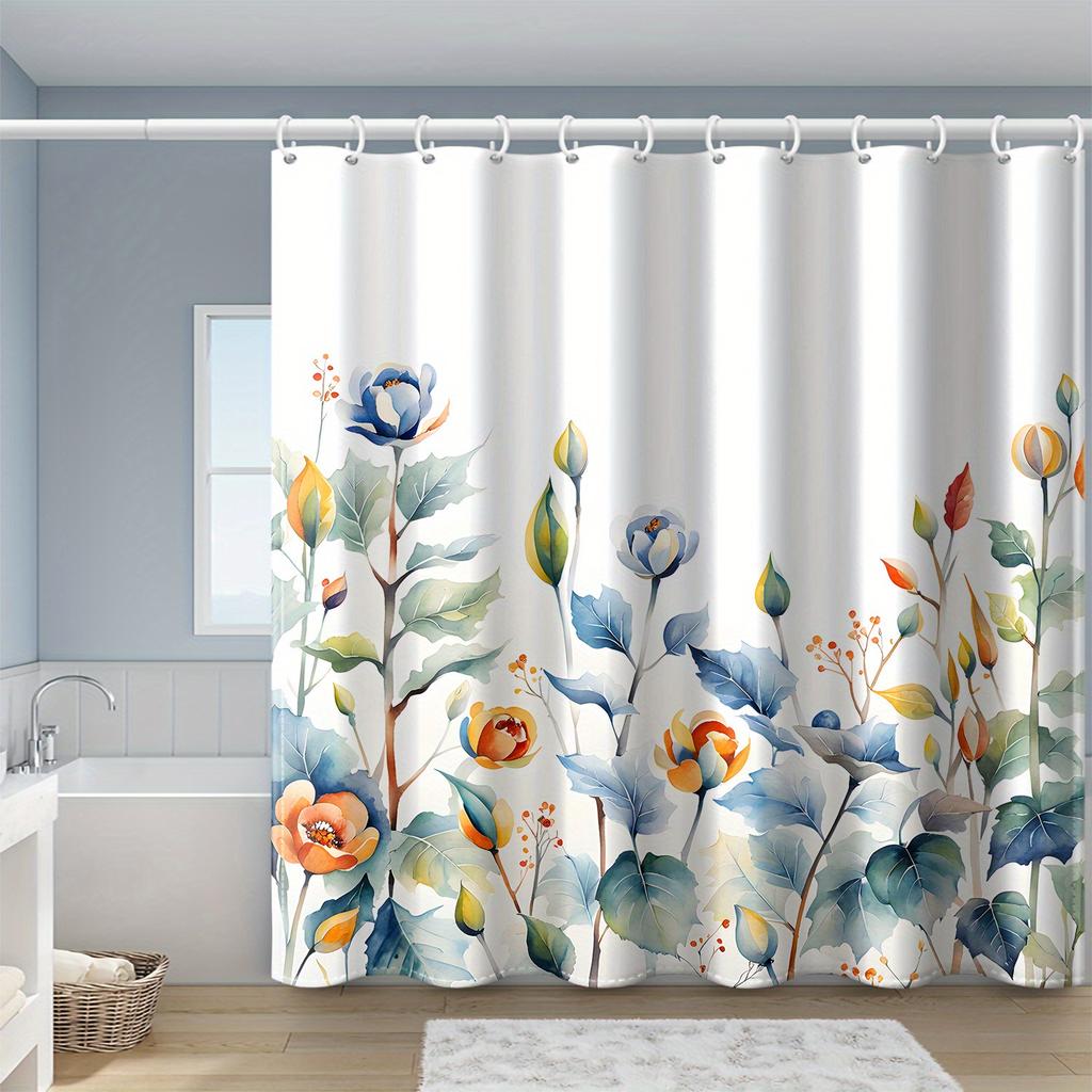 1pc Watercolor Floral and Leaf Striped Autumn Print Shower Curtain   Polyester Fabric   Machine Washable   Suitable for Bathroom