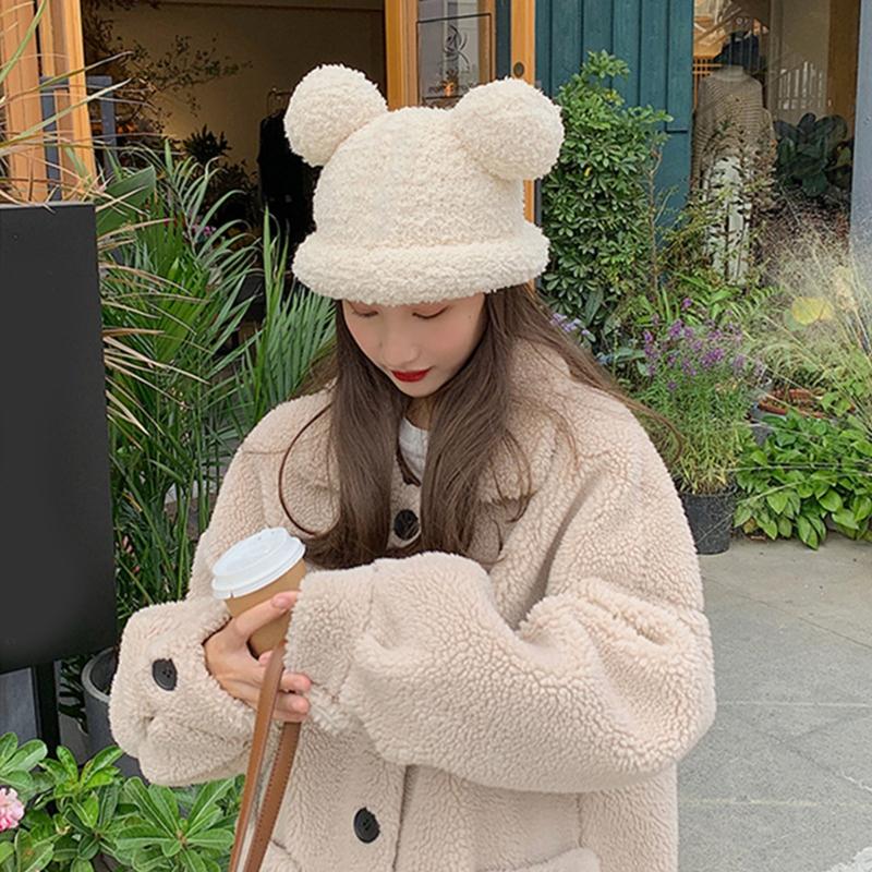 Adult Cartoon Bear Ear Shape Polyester Bucket Hat Fluffy Winter Warmer Plush Fisherman Cap Winter Gifts for Girlfriend
