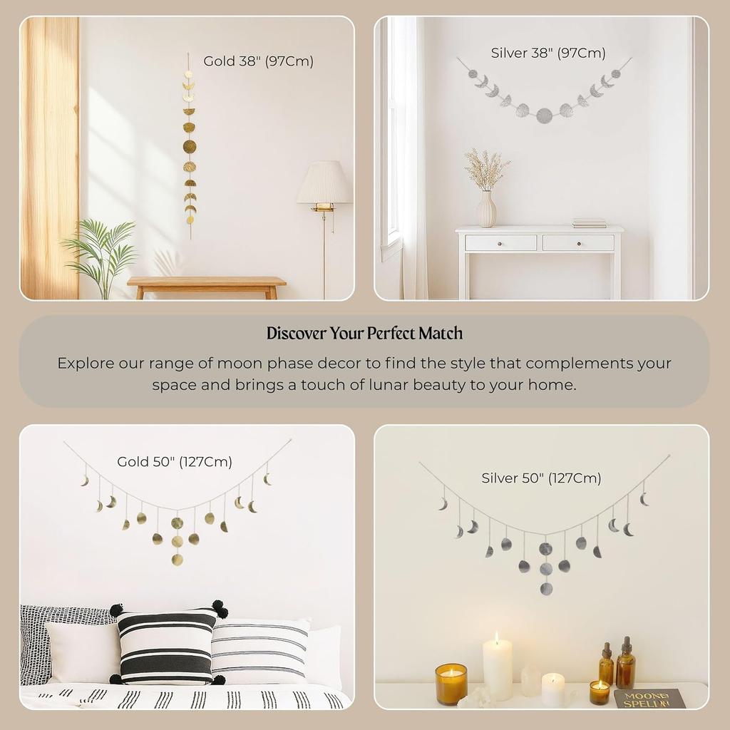 Moon & Crafts Boho Moon Phase Wall Hanging 50” Gold Brass Garland, 15 Handmade Hammered Moons, Celestial Wall Decor for Bedroom, Living Room &