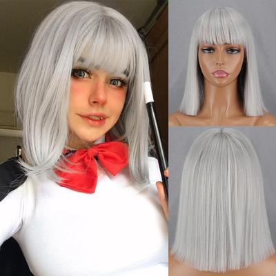 Short Synthetic Silver Gray Bob Wig with Bangs Shoulder Length Straight Wig for Women Cosplay Daily Wear